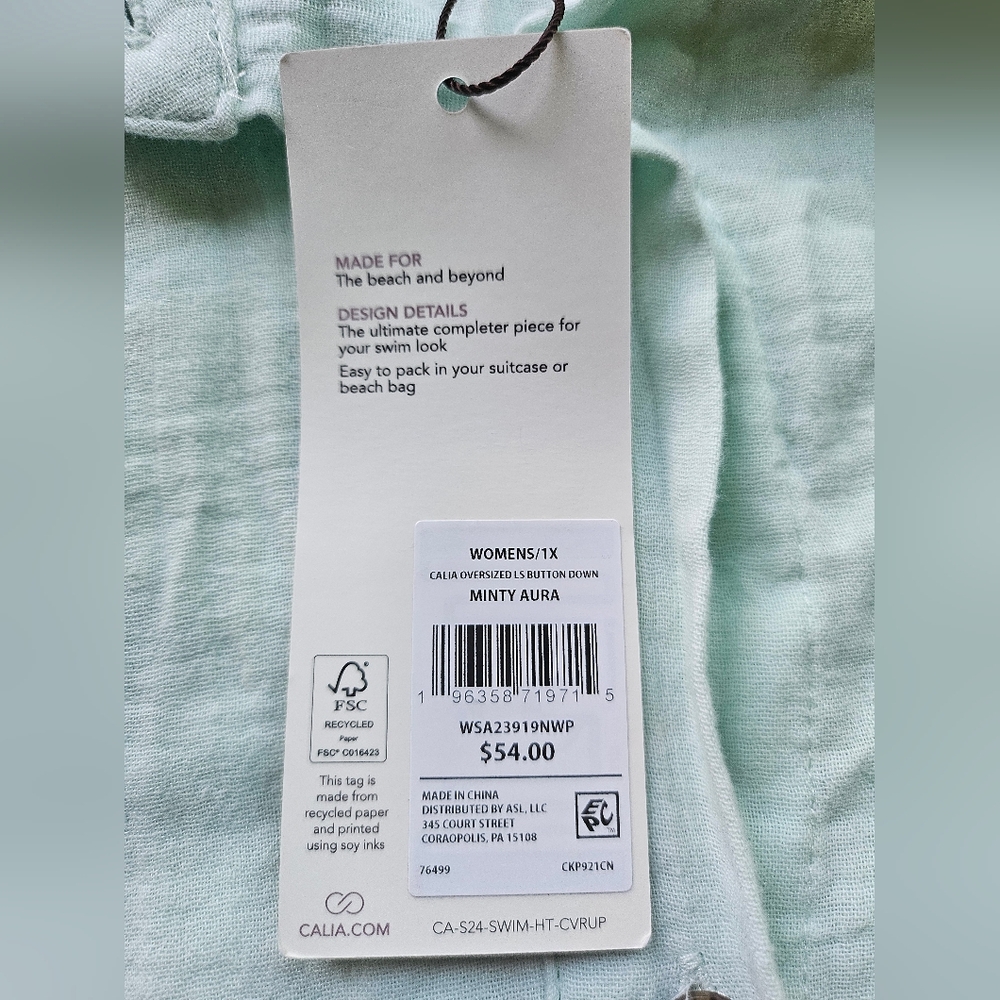 CALIA Women's Oversized 100% Cotton Cover Up, Minty Aura, Green, Size 1X, NWT - Picture 11 of 11